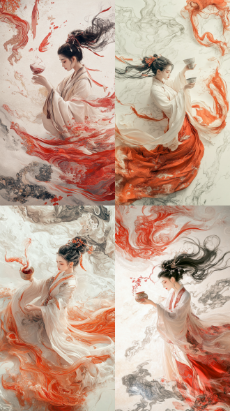 年轻古代道士着汉服，酒杯倒酒化山河书卷飞起，3d水墨淡金红场景顶视图，汉服随风，高分辨率，平静，侧光，长焦镜头。