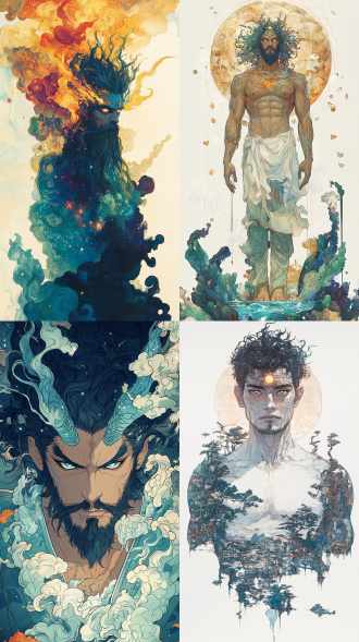 盘古在神话传说中的外形极具震撼力，他顶天立地站在混沌之中，肌肉坚实，头发繁茂，浓密而杂乱，他的眼睛明亮而有神，他的四肢粗壮，如同擎天之柱，稳稳地扎在大地之上，詹姆斯·吉恩式，虹彩灯光，柔和光近距离，细腻笔触，神秘表情，梦幻。 山海经