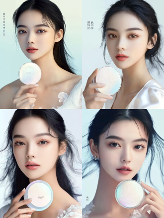 akf产品模特，手持散粉正视前方，微微侧脸，白色衣服，中式脸，黑发，清透肌肤，淡雅色调，中长焦镜头柔和光，平静精致，4k。 vogue时尚 暖光