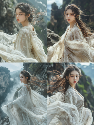 仙子着中式汉服于上古昆仑山，五官端正身材好，神态妩媚神秘，高清晰电影质感，自然环境，广角侧光，慢快门，仙气。