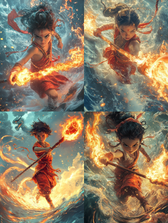 哪吒，小孩，手持火尖枪，红色肚兜，脚踩风火轮，画面中心构图，波涛汹涌，神话风格，冷色调，鱼眼镜头，顶光，战斗动作，龙元素，愤怒。