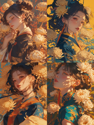 一位被盛开的菊花环绕的汉代少女，展现了复杂的细节和鲜艳的色彩，捕捉到了中国古代艺术的美丽和优雅