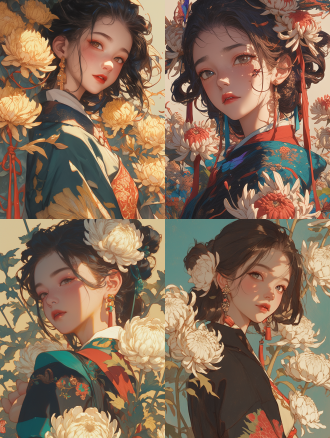 一位被盛开的菊花环绕的汉代少女，展现了复杂的细节和鲜艳的色彩，捕捉到了中国古代艺术的美丽和