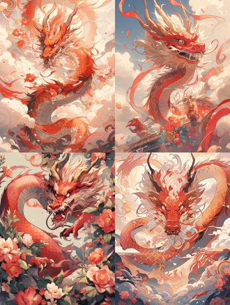 chinese dragon, new chinese style, hovering in the sky, hand drawn style painting, chinoiserie, red background, festive, colorful, chinese spring festival, ultra high definition details,