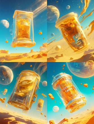 “lonely caf”咖啡的包装，漂浮在太空中，背景是黄色的杯子和沙子，一个沙漠星球，天空中有一个巨大的地球，未来主义风格，金色的光线，产品摄影，柔和的灯光，高分辨率，高细节，高质量，清晰的焦点，超逼真，超细节，辛烷值渲染，高分辨率。