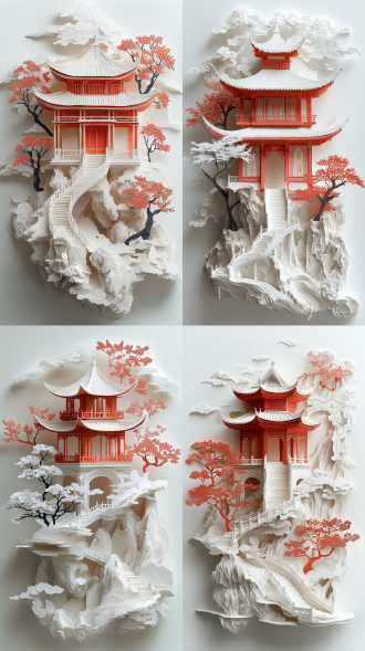 当代中国风格，楼台，宣纸，剪纸风格，极简主义