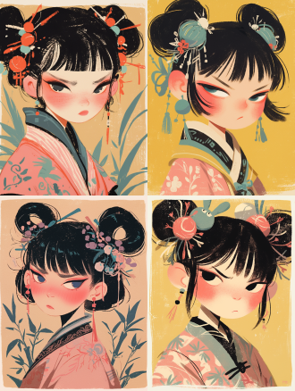 一幅工笔画，描绘一个 5的黑色长发中国戏曲女孩，穿着粉红色的汉服，纠结的珠宝，圆脸，极简主义的肖像，几何形状，哑光浅黄色背景，以清爽的新流行插图风格，动画 gif，多莉凯，卡通人物，特写，头视图，大胆，卡通石版画