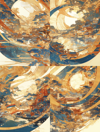 细腻幻想画，田中一村风格，清明上河图，流动书页，明亮白光，精美细节场景，360度投影，中国艺术家，全景变形，朱尔斯·塔夫纳尔灵感，剪纸风格，cgsociety，高度细节，曲线细腻，可爱，c4d，夏勇作品，长卷轴垂下，黄金色透亮，河流，中国京杭大运河。 白黄 镜头光晕 明亮的 重点照明