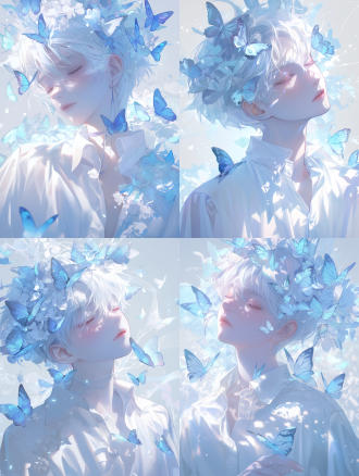 动漫男生肖像，白色调，蝴蝶环绕，冷蓝光，闭眼，雪纺服饰，自然背景，居中构图，长焦镜头，逆光，哀愁感，高存在感。