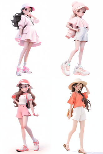 为我制作头像：白色背景,3d卡通风格女孩，全身，精致的脸部，带鸭舌帽，夏季潮流时尚服装，泡泡玛特配色，上半身，中心构图，由pop mart制作,光滑细腻,黏土材料，超细节,8k,