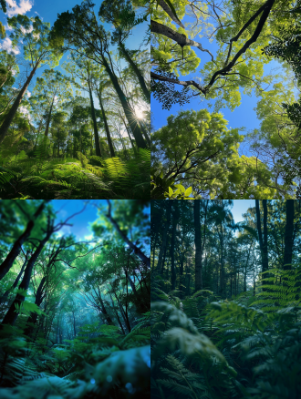 树林蓝天植物，自然风光，柔和光线，慢快门，静谧，绿色蓝色调，平静，远景，广角镜头，侧光，细节丰富，层次感，宁静，和谐。