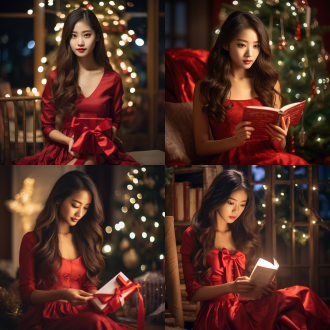 亚洲女孩，长发蝴蝶结，圣诞树前，红色连衣裙，手持圣诞卡，柔和烛光，膝盖向上，天鹅绒质感，放松表情，dslr拍摄，室内场景，长焦镜头，高画质，温馨氛围，细腻光影，优雅姿态，节日气氛。