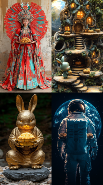 月球上，地球背景，真人嫦娥端月饼，玉兔道喜，对称构图，高对比度，科幻风格，广角镜头，柔和侧光，静态快门，神秘感，冷暖色调对比，喜悦。