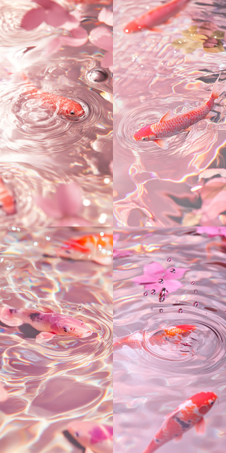 粉红色的水波纹， 水面上锦鲤隐约浮现，梦幻般的光影，浅色调，闪闪发光的彩虹反射，淡粉色透明，浅色调背景，高清摄影，微距镜头，软聚焦，高分辨率。波光粼粼，银色雨滴。
