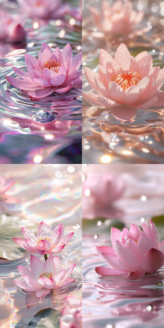 粉红色的水波纹， 水面上莲花，梦幻般的光影，浅色调，闪闪发光的彩虹反射，淡粉色透明，浅色调背景，高清摄影，微距镜头，软聚焦，高分辨率。波光粼粼，银色雨滴。