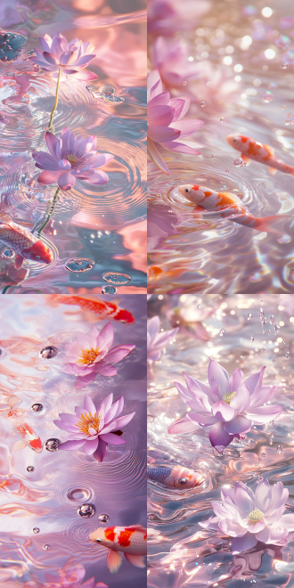 粉紫色的水波纹， 水面上莲花和锦鲤，梦幻般的光影，浅色调，闪闪发光的彩虹反射，淡粉色透明，浅色调背景，高清摄影，微距镜头，软聚焦，高分辨率。波光粼粼，银色雨滴。