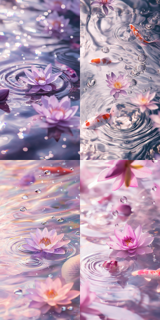 粉紫色的水波纹， 水面上小莲花和小锦鲤，梦幻般的光影，浅色调，闪闪发光的彩虹反射，淡粉色透明，浅色调背景，高清摄影，微距镜头，高分辨率。波光粼粼，银色雨滴。