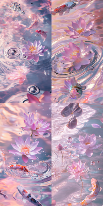 粉紫色的水波纹， 水面上莲花和锦鲤，梦幻般的光影，浅色调，闪闪发光的彩虹反射，淡粉色透明，浅色调背景，高清摄影，微距镜头，软聚焦，高分辨率。波光粼粼，银色雨滴。