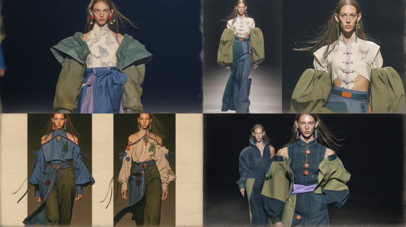 女模特t台，墨镜短发，大波浪发，白绿布料，全身优雅休闲，新中式风格，青铜器图案，白色纸背景，巴尔曼风格，手绘夸张袖，中式立领，中国风扣子，肩颈绿色纹路，全身图，高对比度，暖色调，广角镜头，侧光，慢快门，优雅动作，中国元素，绿色点缀，自信表情。