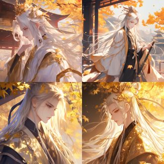 国漫风，高冷少年，剑眉星目，帅气，玉冠头饰，薄唇饱满，线条清晰，白色长发，黑色长衫，衣服有暗金色枫叶刺绣，细腻纹理，背景飘落金黄枫叶，侧颜，超清画质，8k，古建筑，cg