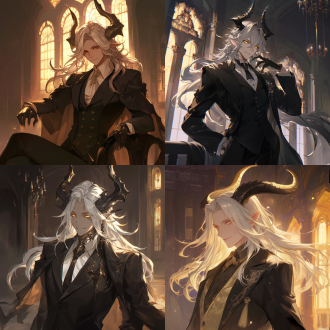 白色长发，暗金色眼睛，年轻男性，黑色古典礼服，黑色龙角，面带笑容，神秘感，背光，古建筑背景，高对比度，暗色调，广角镜头，侧光，神秘，古典，优雅，龙角细节，建筑宏伟，笑容温暖。