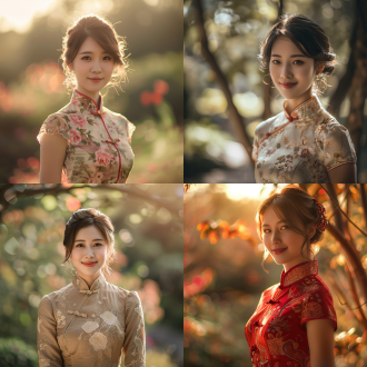 中式旗袍美女，优雅站立，古典园林，细腻丝绸，高领盘扣，微笑，柔和光线，长焦镜头，浅景深，对称构图，暖色调，宁静。