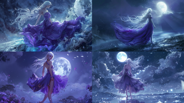 宛若人妻的魔女，九尾白狐的化身，头发雪白，皮肤洁白，身着紫色的裙子，有倾城倾国之美，带有一丝女帝的冷酷与威严，裸足，白腿，全景，月光，梦幻效果，色彩鲜明，4k高清，殿堂，皮肤发光