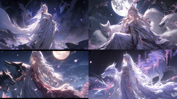 宛若人妻的魔女，九尾白狐的化身，头发雪白，皮肤洁白，身着紫色的裙子，有倾城倾国之美，带有一丝女帝的冷酷与威严，裸足，白腿，全景，月光，梦幻效果，色彩鲜明，4k高清，殿堂，皮肤发光