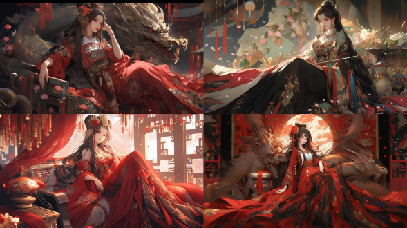 玄幻世界的魔道女帝，中国风，身坐在殿堂之上，玩弄自己的尚方宝剑，温柔可亲，宛若人妻，倾国倾城，翘二郎腿，裸足，画质8k，色彩鲜明，细节。