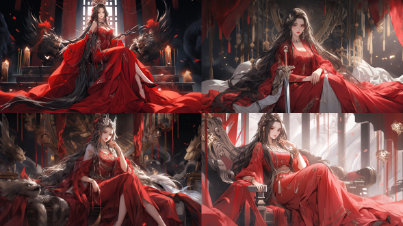 玄幻世界的魔道女帝，中国风，身坐在殿堂之上，玩弄自己的尚方宝剑，温柔可亲，宛若人妻，倾国倾城，翘二郎腿，裸足，画质8k，色彩鲜明，精美的五官，白腿，红色的长裙，全景，完美脸型。