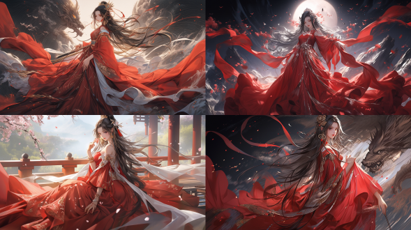 玄幻世界的魔道女帝，中国风，绝美女神，玩弄自己的尚方宝剑，温柔可亲，宛若人妻，倾国倾城，翘二郎腿，裸足，画质8k，色彩鲜明，精美的五官，白腿，红色的长裙，全景，完美脸型。正在保护她的心上人