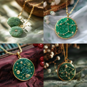 翡翠星座饰品，年轻时尚，亲和力，简约设计，星座图案，翡翠绿，金属质感，自然光，微距镜头，细节清晰，亲民价格，精美工艺。