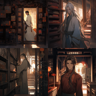 一个男人，穿着传统中式服装，表情严肃，动作谨慎，白天，室内，昏暗的光线，背景为一间装饰古朴的房间，书架被推开后露出隐藏的铁门