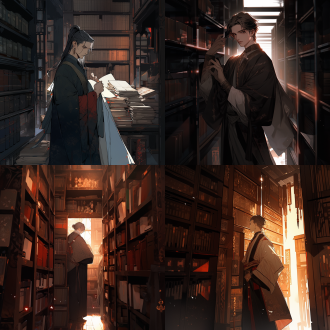 男人，传统中式服装，严肃表情，谨慎动作，白天，室内，昏暗光线，古朴装饰，书架，隐藏铁门，广角镜头，低光，静态快门，神秘，深色调。