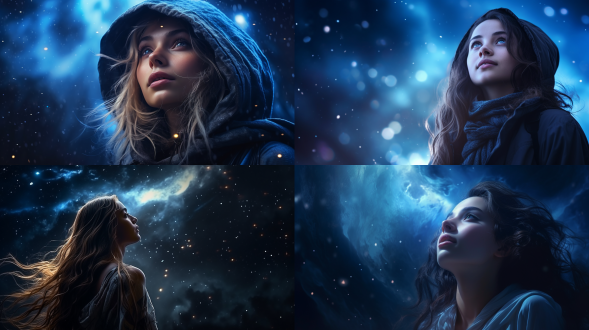 美女仰望星空，星际浩瀚，科幻风格，仰望u8，广角镜头，夜景，高动态范围，星光闪烁，未来感，冷色调，神秘，向往。