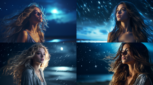 海边沙滩，美女仰望星空，科幻风格，仰望u8，广角镜头，夜景，星光闪烁，长发飘逸，表情憧憬，银色科技感服装，冷色调，梦幻氛围，高动态范围，星轨效果，未来感。