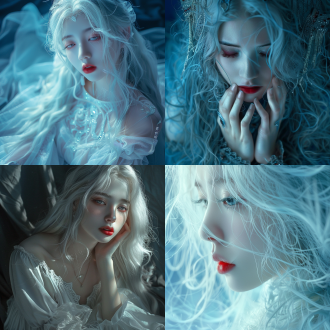 古风，创世神，少女，银色眼眸，赤色睫毛，精致红唇，瑰丽容貌，冰蓝长发，高对比度，细腻光影，广角镜头，侧光，柔和色调，动态姿态，神秘氛围，超现实风格，梦幻场景，情感深邃。