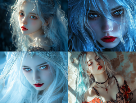 古风，创世神，少女，银色眼眸，赤色睫毛，精致红唇，瑰丽容貌，冰蓝长发，高对比度，细腻光影，广角镜头，侧光，柔和色调，动态姿态，神秘氛围，超现实风格，梦幻场景，情感深邃