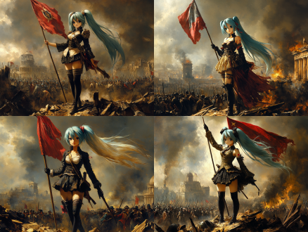 自由引导人民，miku身着革命服饰，手持旗帜，面带坚定微笑，站在废墟之上，背景是战火中的城市和人群，构图中央聚焦，高分辨率，hdr效果，广角镜头，自然光，动态模糊，废墟，旗帜，坚定，希望。 废墟 木工哥特式