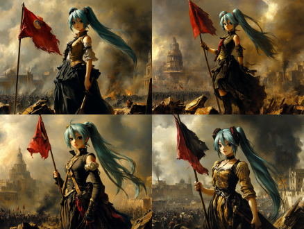 自由引导人民，miku身着革命服饰，手持旗帜，面带坚定微笑，站在废墟之上，背景是战火中的城市和人群，构图中央聚焦，高分辨率，hdr效果，广角镜头，自然光，动态模糊，废墟，旗帜，坚定，希望。 废墟 木工哥特式