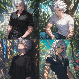 帅气20岁男，白色头发，迷茫表情，森林中，artgerm风格，幻想艺术封面插图，海贼王或柔术开森漫画风格，480分辨率，高对比度，暖色调，广角镜头，侧光，静态，神秘，孤独。