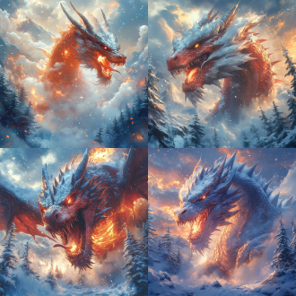 巨龙飞在空中，飞翔中，巨龙吐息，森林，artgerm风格，幻想艺术封面插图，海贼王或柔术开森漫画风格，480分辨率，巨龙张嘴吐息，冰霜喷射，空中下雪，森林结冰，龙鳞细节，龙眼怒视，龙爪张开，森林背景，树木结冰，烟雾弥漫，森林绿色，高对比度，侧光，广角镜头，动态模糊，紧张，震撼。