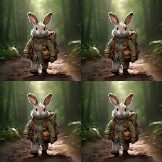 小兔子灰色上学，道路崎岖，清晨阳光，广角镜头，自然光，缓慢快门，行走，期待，绿意盎然，柔和色调，森林小径，兔子毛茸茸，书包背在背上，眼神充满好奇，清晨雾气，露珠闪烁，宁静氛围。