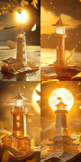 钢笔与灯塔，粉色调，对称构图，柔和光线，长焦镜头，静物，梦幻，温暖，细腻纹理，平静，温馨，艺术感。