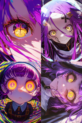 a fisheye lens captures an extreme close-up of a girl with purple hair tied in a ponytail, with yellow inner highlights. her large, round eyes with sheep-like horizontal pupils are in sharp focus, glowing softly as they reflect intricate patterns of light. the fisheye effect distorts the surrounding details of her face and nun’s attire with multiple belts, curving the background into a surreal composition. despite the distortion, her horizontal pupils remain clear and sharp, standing out vividly against the warped backdrop.