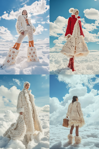 fashion editorial, photo of a model with crocheted gucci clothes by alessandro michele, highly detailed, set in a surreal snow plain, blue sky and surrounding by white clouds, an dreamy atmosphere