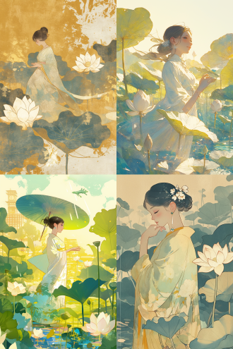 a woman in a light gauze dress enjoying a lotus pond. the motif is a pattern of blooming lotus flowers and brilliant sunlight, showing that the days are longest at the summer solstice and that there is a beautiful landscape even in the heat.