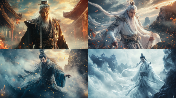 电影海报真人版，史诗唯美，仙境，超清画质，中国神话人物，封神电影人物。他是个48岁的道人。静态姿势，冷色调，广角镜头，逆光，快速快门，力量感，神秘感。