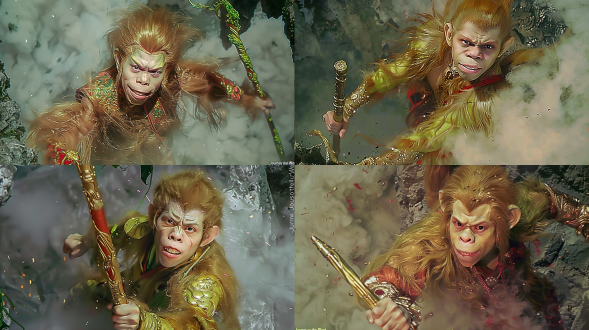 孙悟空，中国神话故事人物，《西游记》中的角色，金箍棒，筋斗云，对角线布局，高对比度，云端，暖色调，广角镜头，侧光，快速快门，跳跃，自信，金色与红色。