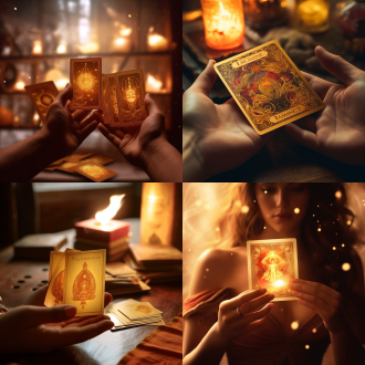 雷诺曼卡牌宣传图，震撼，暖色调，亮色系，闪亮，中心构图，高对比度，神秘氛围，室内场景，广角镜头，柔和侧光，细节丰富，卡牌悬浮，手势召唤，神秘感，金色点缀，震撼情绪。